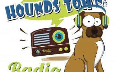 Hounds Town cartoon dog wearing headphones next to a