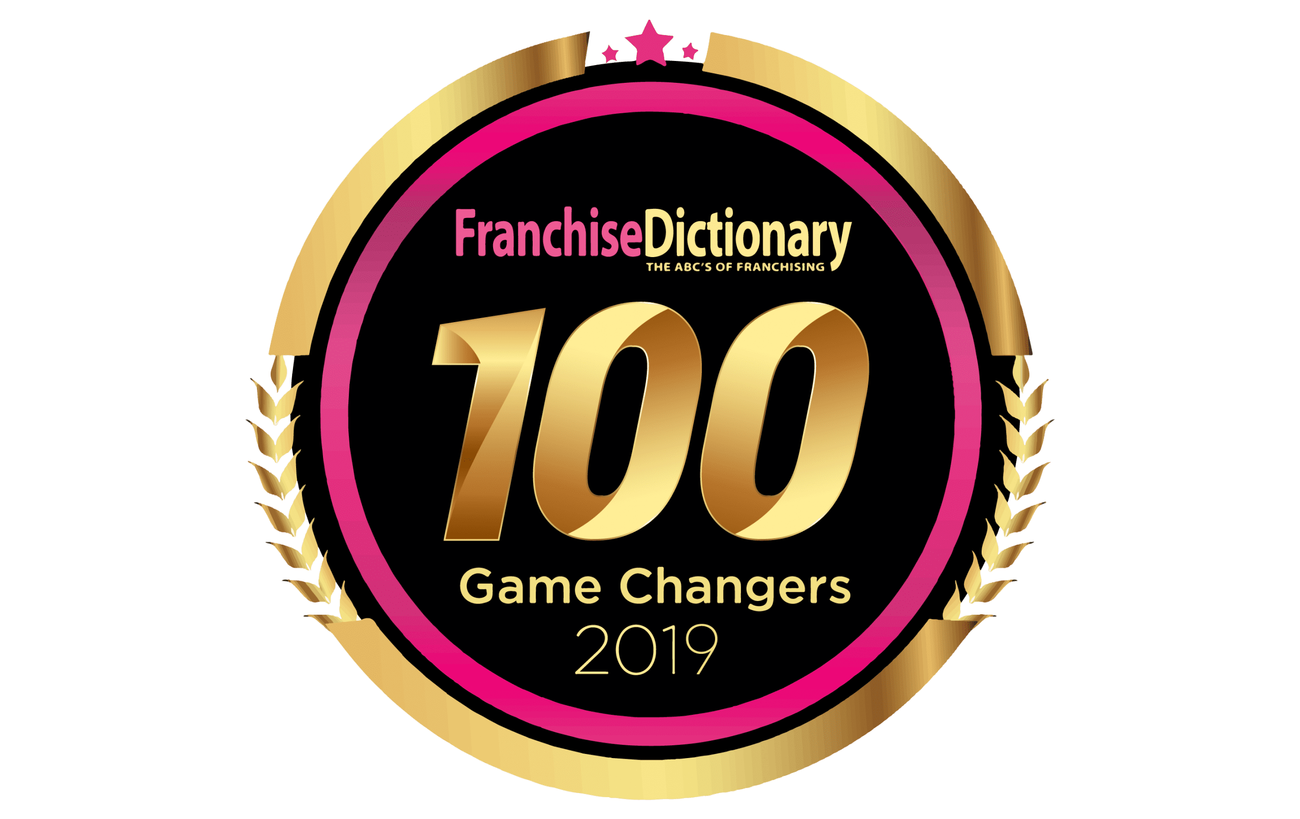 A gold and pink award badge for FranchiseDictionary's 100 Game Changers of