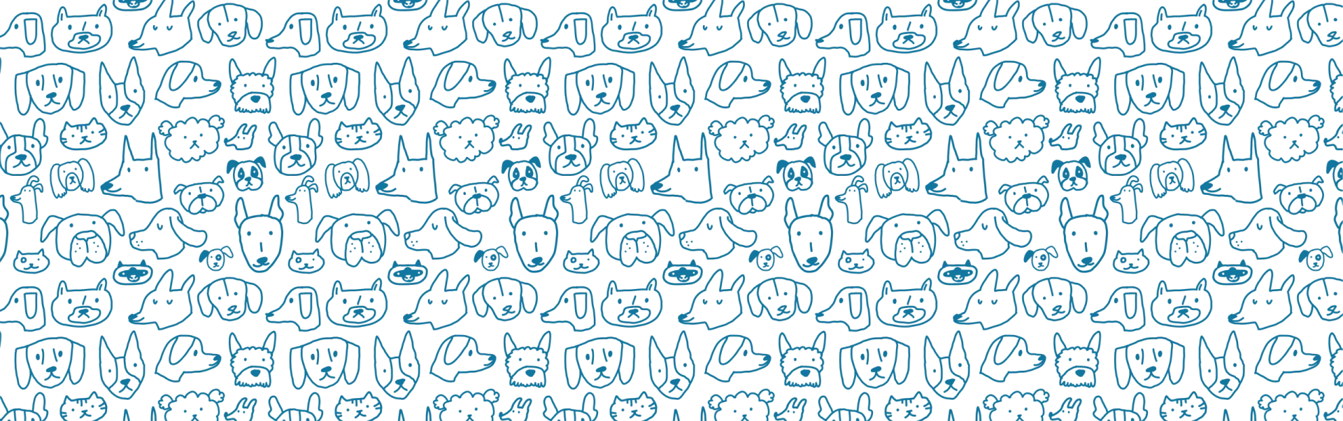A playful pattern featuring various dog silhouettes and paw prints on a blue background.