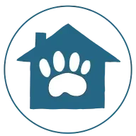 A blue house icon featuring a white paw print, representing a dog daycare franchise opportunity.