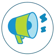 Colorful megaphone icon with sound waves, representing communication and announcements for dog daycare.