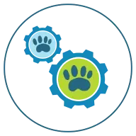 Two colorful paw prints in blue and green inside a circular design, representing a dog daycare brand.