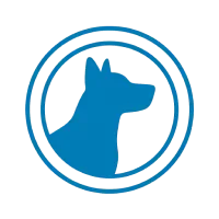 Logo featuring a blue silhouette of a dog within a circular design.