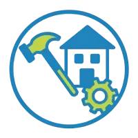 Logo featuring a house, hammer, and gear, representing a dog daycare franchise opportunity.