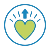 Heart symbol with an upward arrow, representing growth and care in a dog daycare setting.