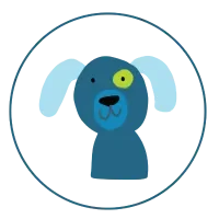 Cartoon dog with a blue body and light blue ears, smiling with one eye yellow and the other blue.