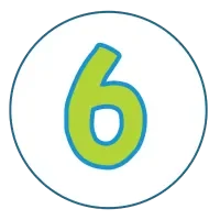 Number six in a playful, colorful font within a circular design.