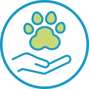 A green paw print inside a blue circle, symbolizing pet care and dog daycare services.