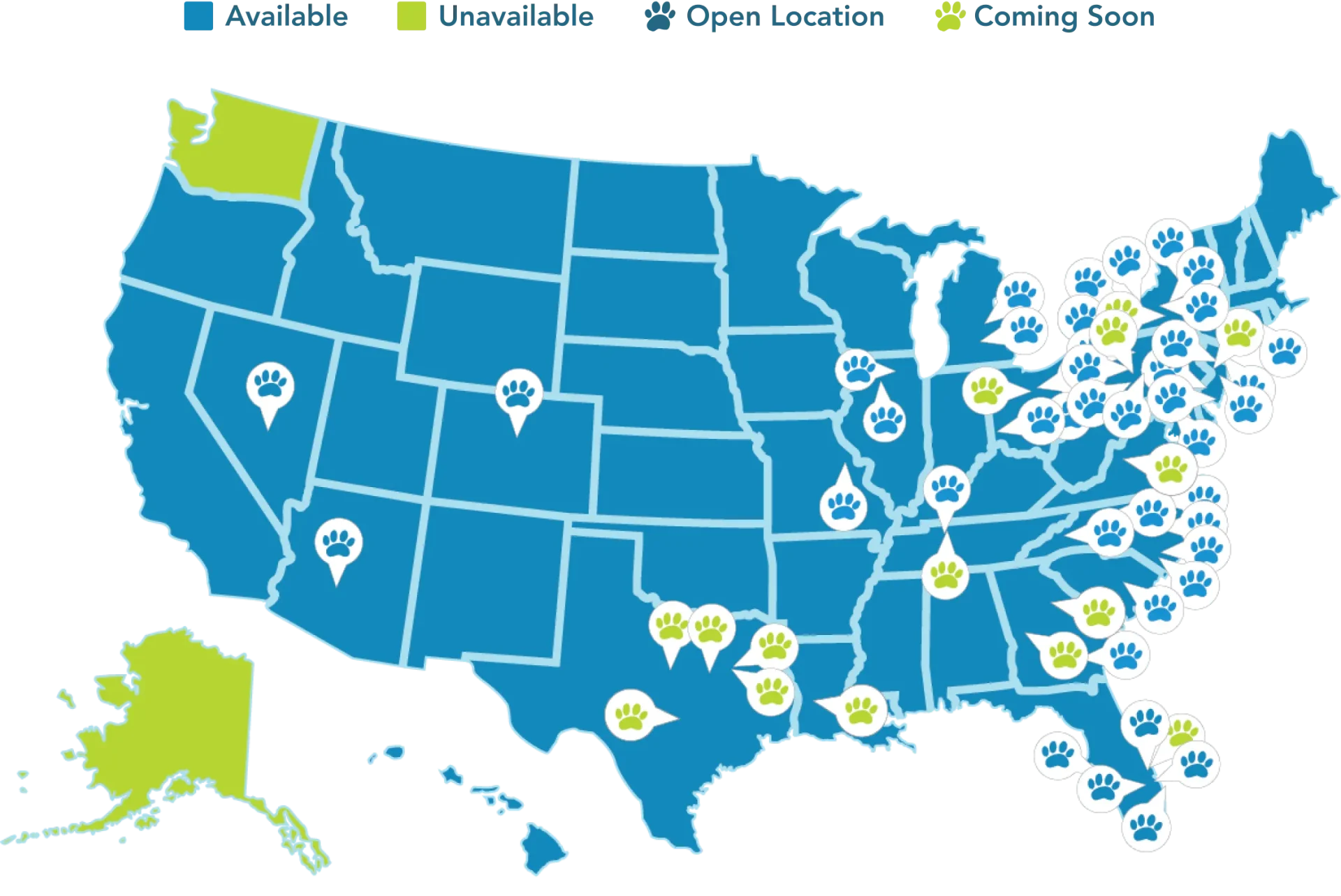 Map of the U.S. showing Hounds Town dog daycare locations with states highlighted in blue and green.