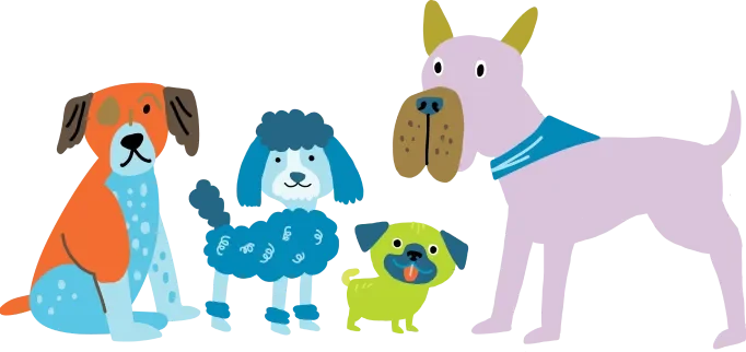 Four cartoon dogs of various breeds standing together, showcasing a friendly and playful atmosphere.
