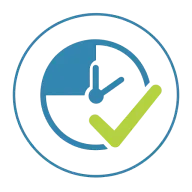 A circular logo featuring a clock and checkmark, symbolizing efficiency and trust in dog daycare services.