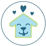 A cheerful dog icon with a house and hearts, representing a welcoming dog daycare environment.