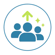 Icon representing growth and community, featuring stylized figures and upward arrows.