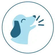 Blue dog silhouette with a happy expression, barking inside a circular logo design.