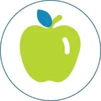 Green apple icon with a blue leaf on a white background, representing health and freshness.