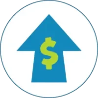 A blue arrow pointing upward with a green dollar sign, symbolizing growth and financial success.