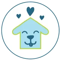 A cheerful dog face inside a house outline with hearts, representing a friendly dog daycare environment.