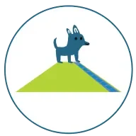 A playful dog standing on a green hill with a blue path, representing Hounds Town daycare services.