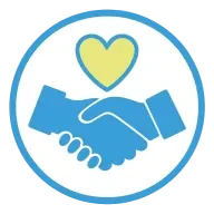 A blue and yellow logo featuring a handshake and a heart symbolizing partnership and care.