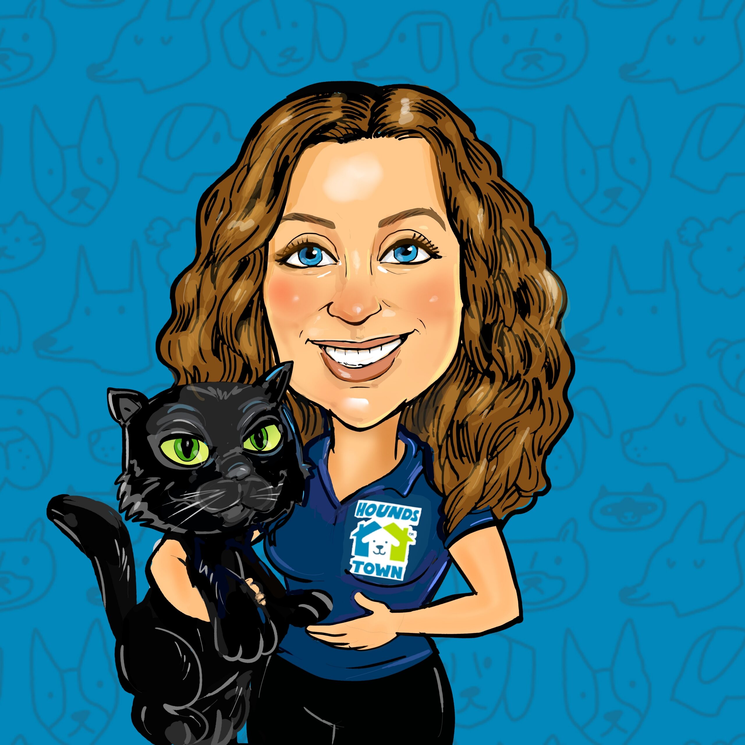 A cartoon of COURTNEY ALLISON in a Hounds Town shirt smiles while holding a black cat against